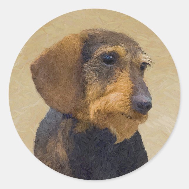 Dachshund (Wirehaired) Painting Original Dog Art Classic Round Sticker (Front)