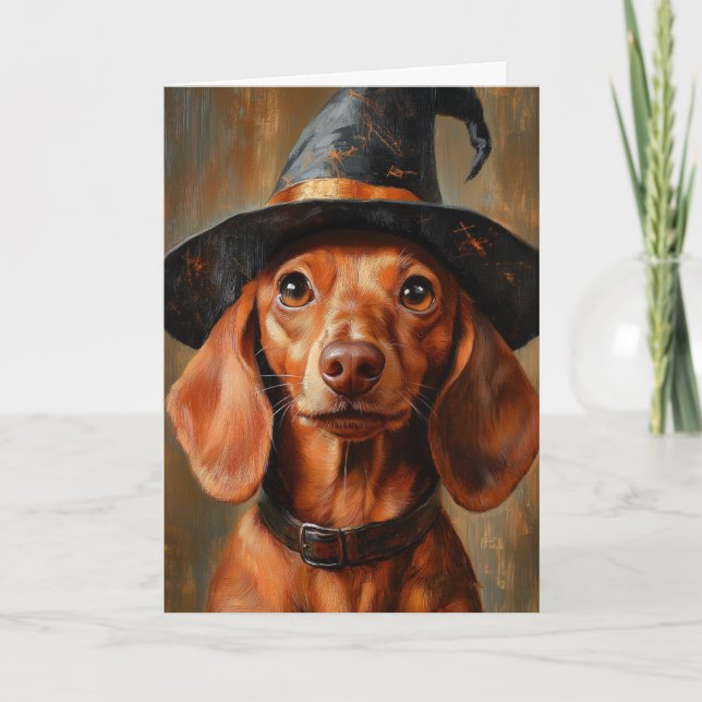 Dachshund Witch Halloween Holiday Card (Front)
