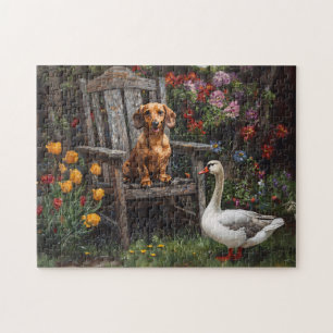Dachshund with a Goose in a Garden Jigsaw Puzzle