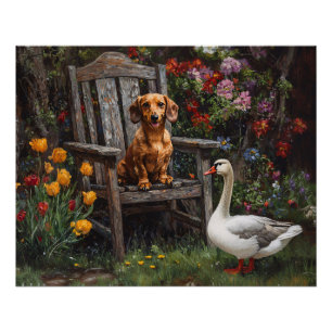 Dachshund with a Goose in a Garden Poster