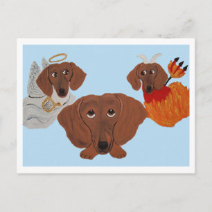 Dachshund with angel and devil invitation postcard