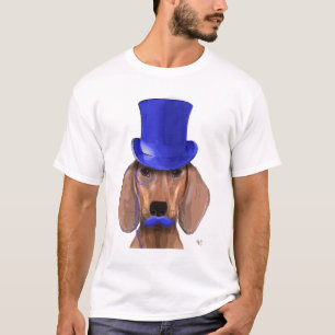 Dachshund With Blue Top Hat and Blue Moustache