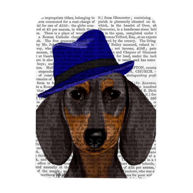 Dachshund With Blue Trilby Magnet (Vertical)