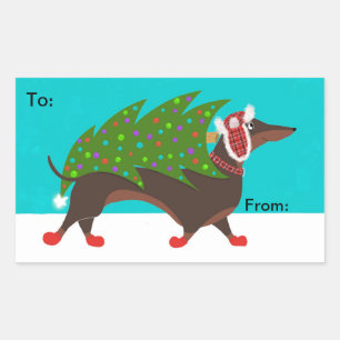 Dachshund with Christmas Tree Gift Sticker Lable