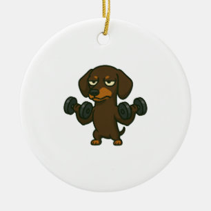 Dachshund with dumbbell fitness training biceps wo ceramic tree decoration