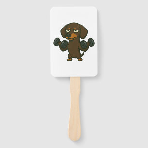 Dachshund with dumbbell fitness training biceps wo hand fan