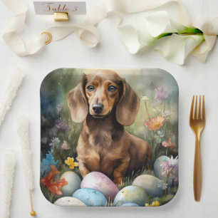Dachshund with Easter Eggs Paper Plate