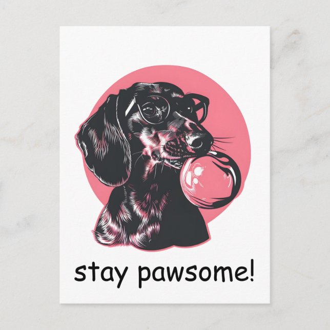 Dachshund with glasses and bubble gum personalised postcard (Front)