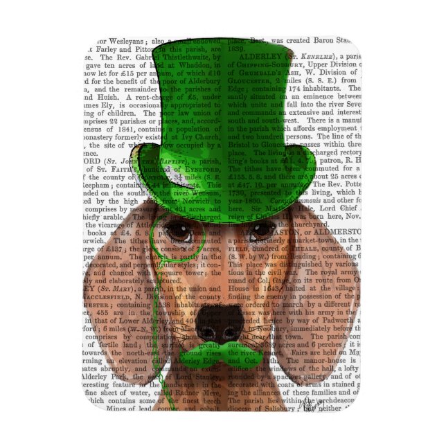 Dachshund With Green Top Hat and Moustache Magnet (Vertical)