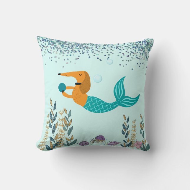 Dachshund with Mermaid Tail Throw Pillow (Front)