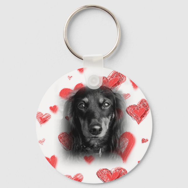 Dachshund with Red Hearts Key Ring (Front)