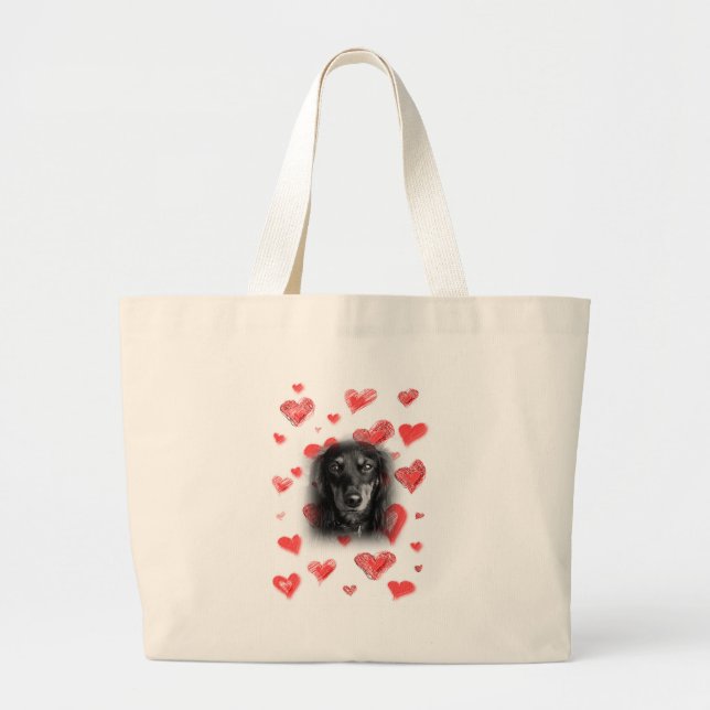 Dachshund with Red Hearts Large Tote Bag (Front)
