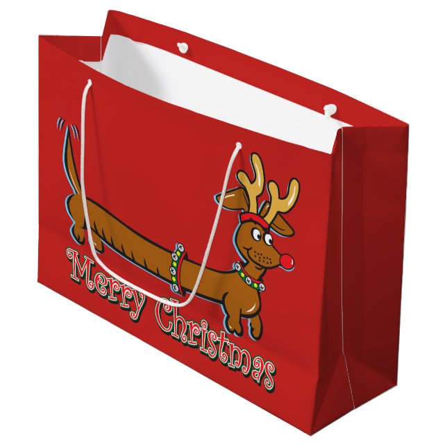 Dachshund with Reindeer Antlers for Christmas Large Gift Bag (Front Angled)