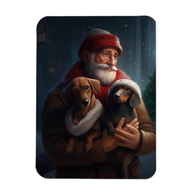 Dachshund With Santa Claus Festive Christmas Magnet (Vertical)