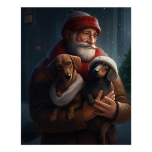 Dachshund With Santa Claus Festive Christmas Poster