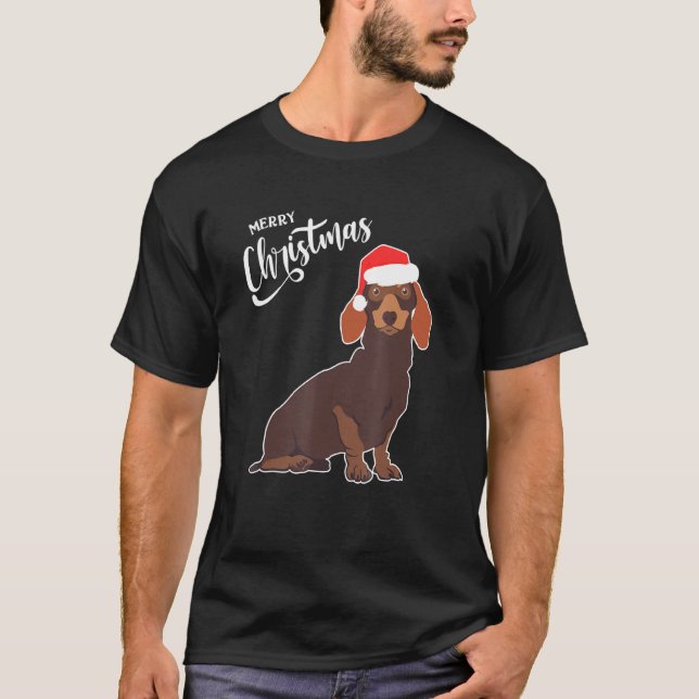Dachshund With Santa Hat Merry Christmas Dog Xmas T-Shirt (Front)
