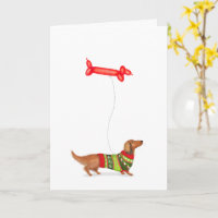 Dachshund with sausage dog balloon Christmas card