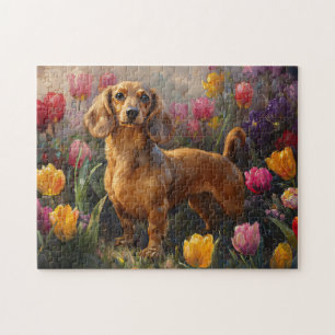 Dachshund with Spring Tulips Painting Jigsaw Puzzle