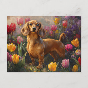 Dachshund with Spring Tulips Painting Postcard