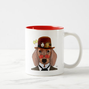 Dachshund with Steampunk Bowler Hat Two-Tone Coffee Mug