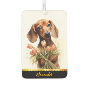 Dachshund with tulips in sunny garden, car air freshener