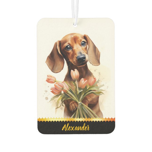 Dachshund with tulips in sunny garden, car air freshener (Back)