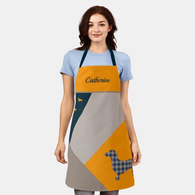 Dachshund Yellow and Deep Teal Abstract Apron (Worn)