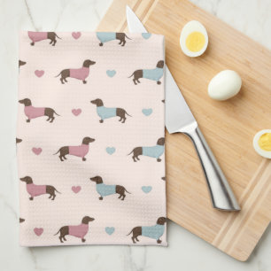 Dachshunds and Hearts Tea Towel