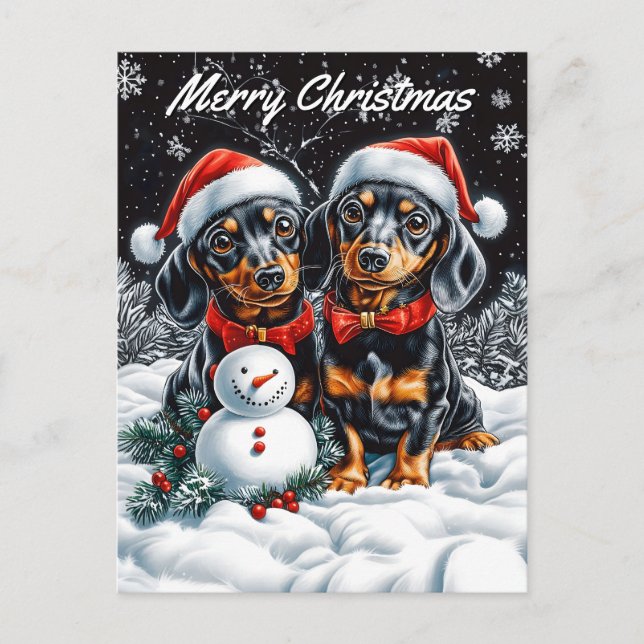 Dachshunds and Snowman Christmas Holiday Postcard (Front)