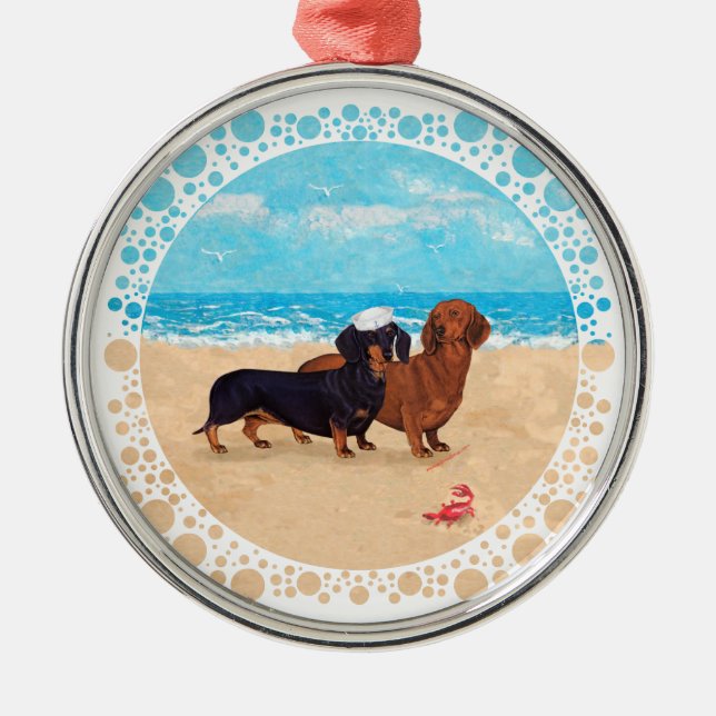 Dachshunds at the Beach Metal Tree Decoration (Front)
