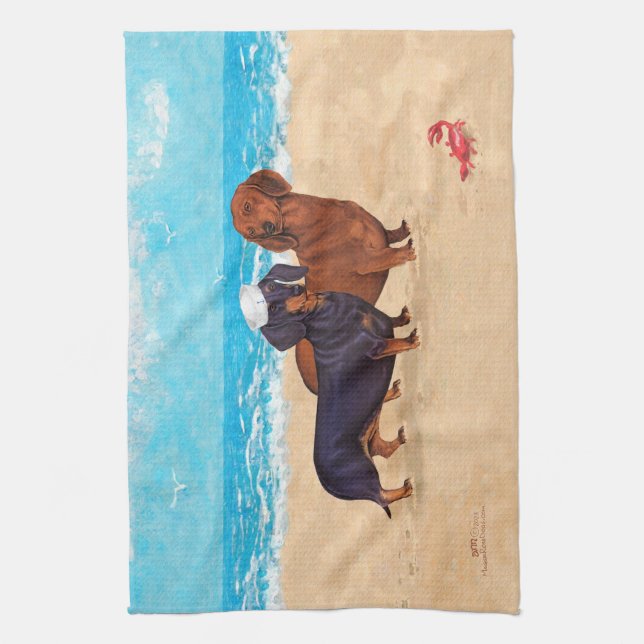 Dachshunds at the Beach Tea Towel (Vertical)