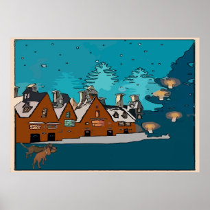 Dachshunds at Winter Village, Poster