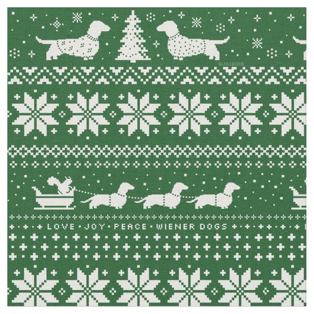 Dachshunds Christmas Sweater Pattern Green Fabric (Close Up)