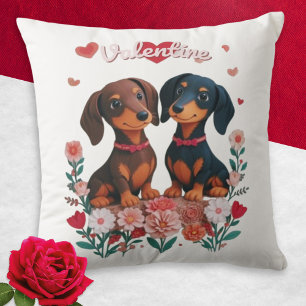 Dachshunds Hearts Flowers Dogs Valentine's Day Cushion