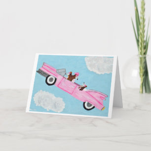 Dachshunds in a Pink Car Folded Greeting Card