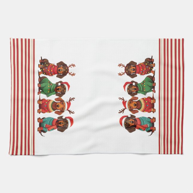 Dachshunds in Antlers & Santa Hats: Christmas Tea Towel (Horizontal)