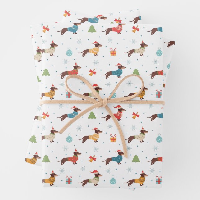 Dachshunds in Christmas Sweaters Pattern Wrapping Paper Sheet (In situ)
