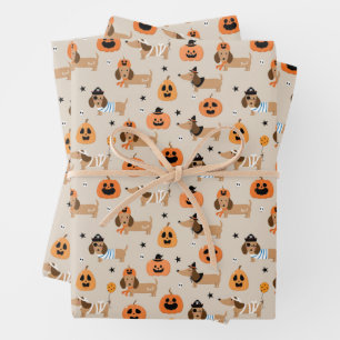 Dachshunds in Halloween Costumes Pattern Wrapping Paper Sheet