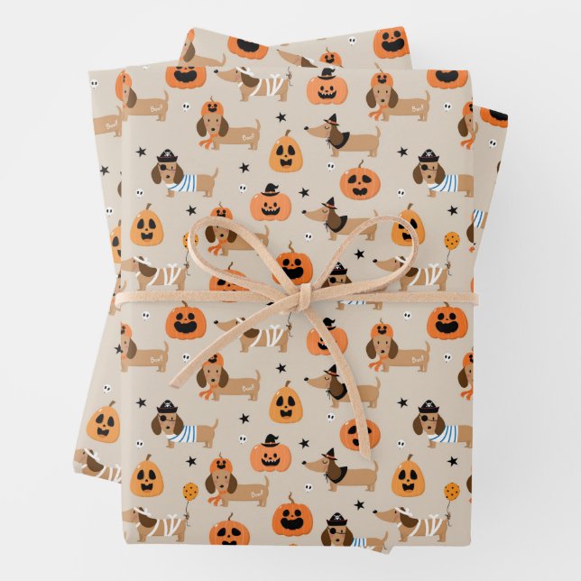 Dachshunds in Halloween Costumes Pattern Wrapping Paper Sheet (In situ)