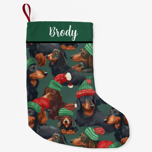 Dachshunds in Holiday Hats Small Christmas Stocking (Front)