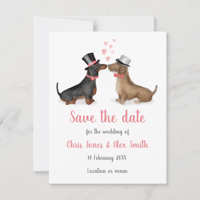 Dachshunds in love save the date card (boy/boy) (Front)