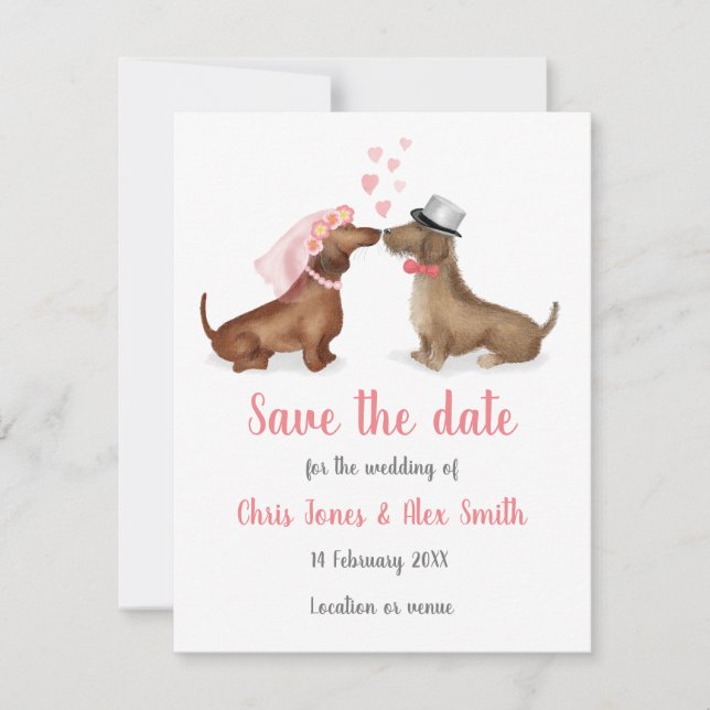 Dachshunds in love save the date card (girl/boy) (Front)