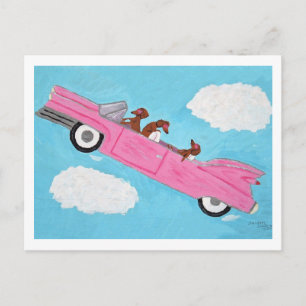 Dachshunds in Pink Convertible in the sky Postcard
