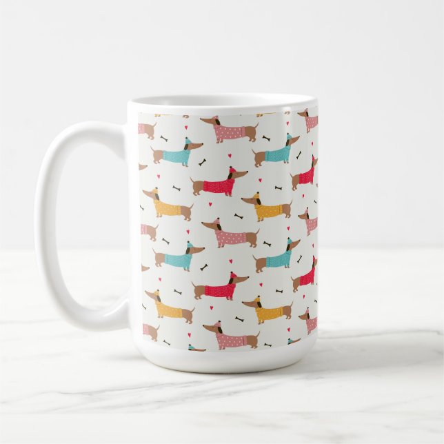 Dachshunds in Sweaters Holiday Pattern Coffee Mug (Left)