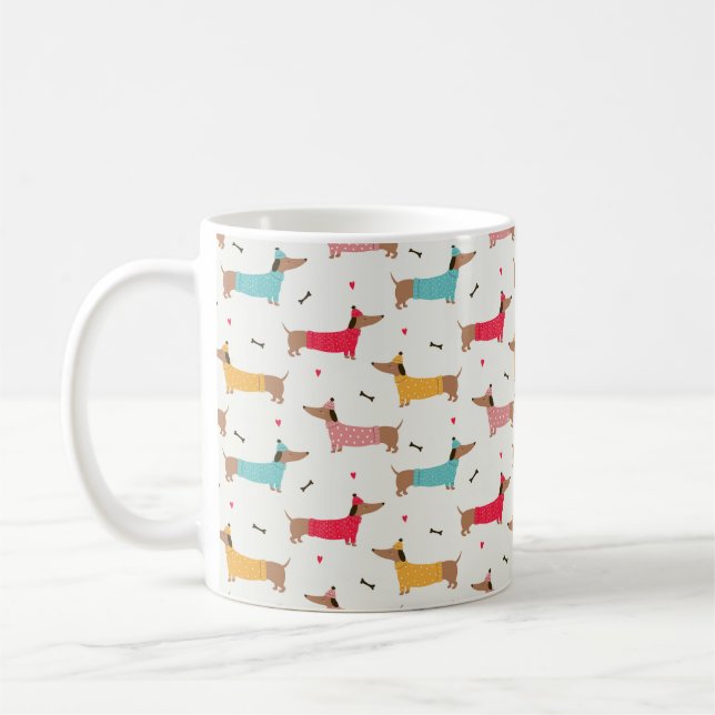 Dachshunds in Sweaters Holiday Pattern Coffee Mug (Left)