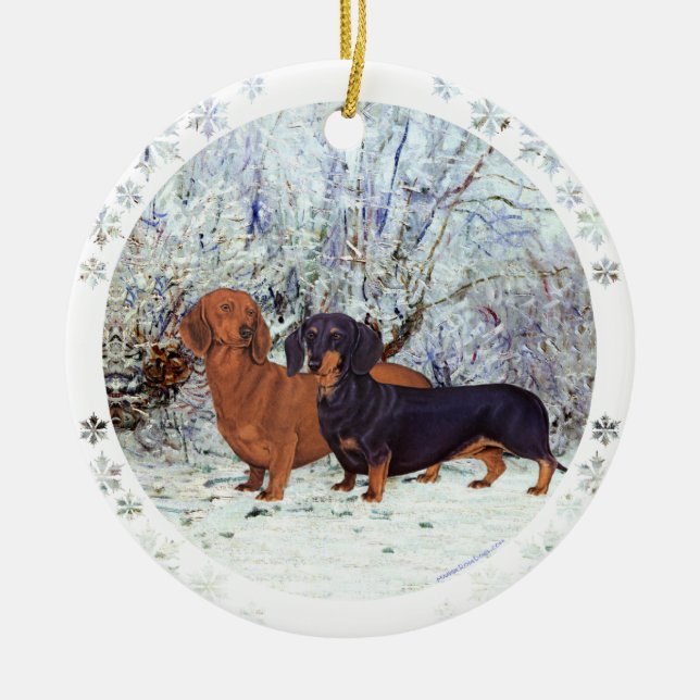 Dachshunds in the Snow Ceramic Tree Decoration (Front)