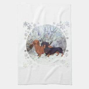 Dachshunds in the Snow Tea Towel