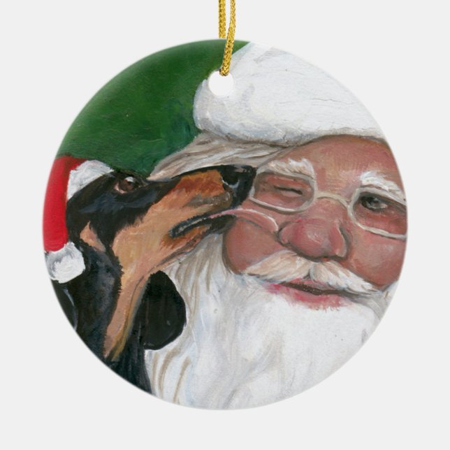 Dachshund's Kiss for Santa Dog Art Ornament (Front)