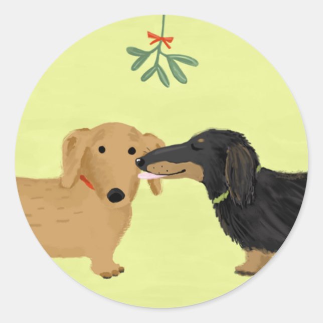 Dachshunds Mistletoe Kiss | Christmas Wiener Dogs Classic Round Sticker (Front)