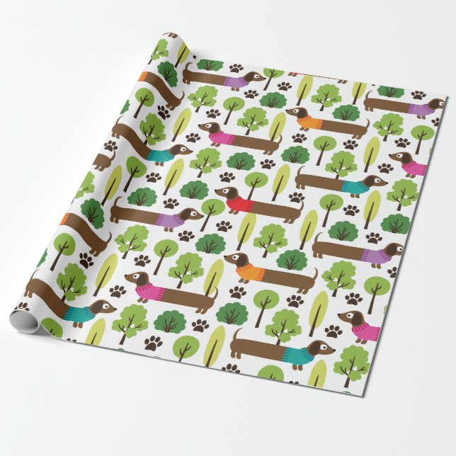 Dachshunds On A Walk In The Park Wrapping Paper (Unrolled)